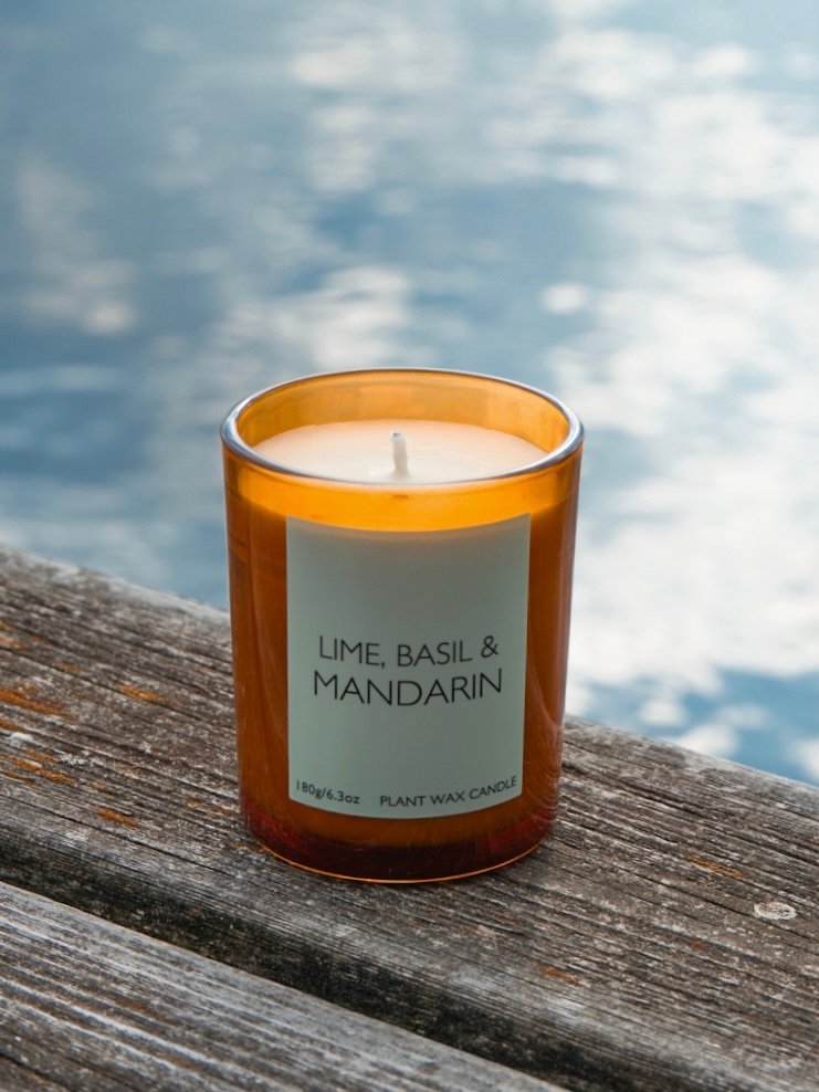 Lime, Basil & Mandarin Scented candle in amber glass